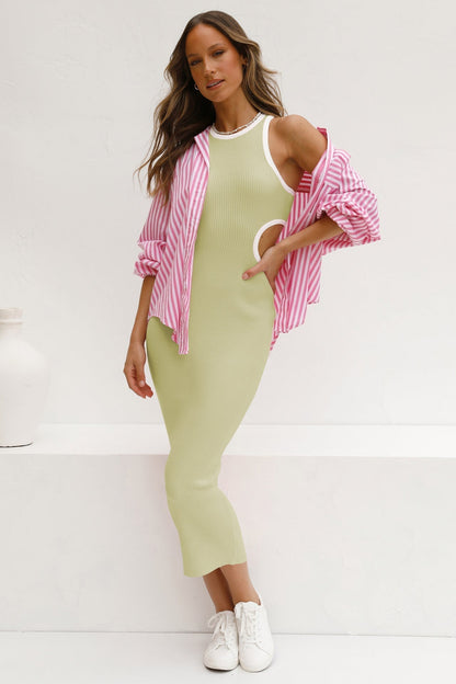 Crew Neck Long Sleeve Rib Knit Waist Cutout Midi Dress