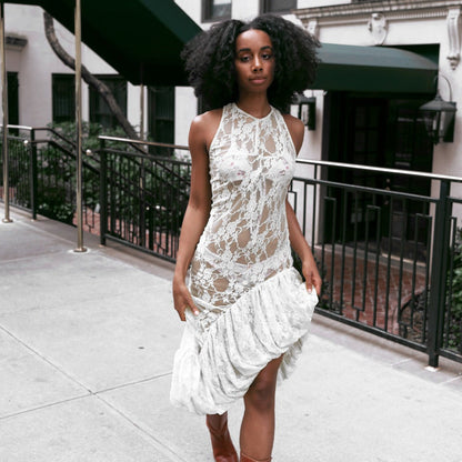 High Neck Sleeveless Sheer Floral Lace Ruffle Flounce High Slit Maxi Dress