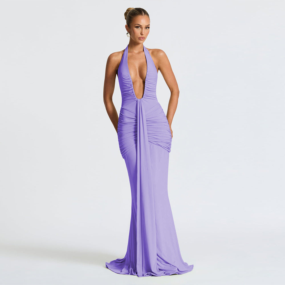 Halter Deep V Ruched Bodice Center Panel Drape Jersey Maxi Gown