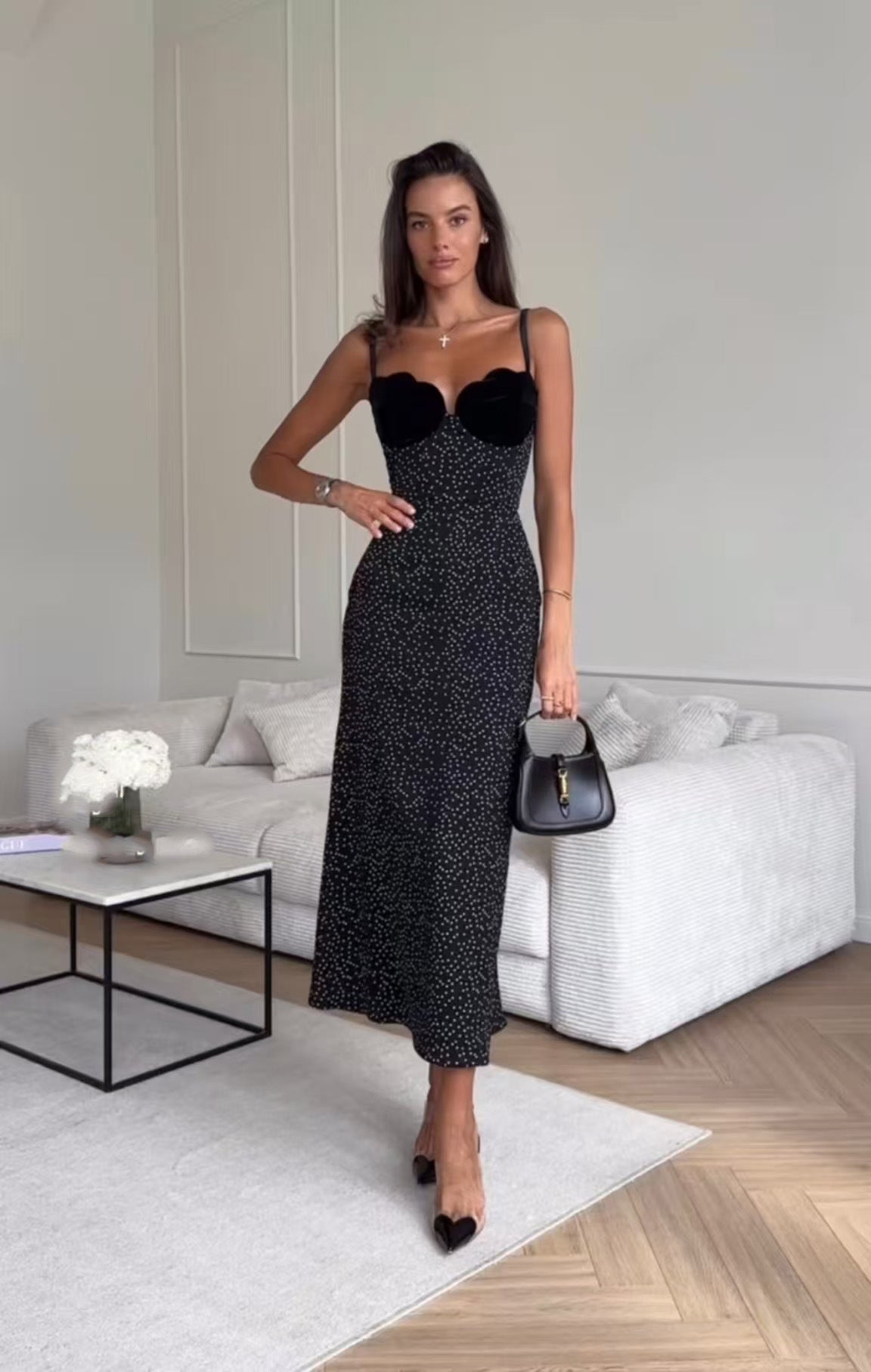 Spaghetti Strap Scalloped Velvet Bust Polka Dot Bodycon Maxi Dress