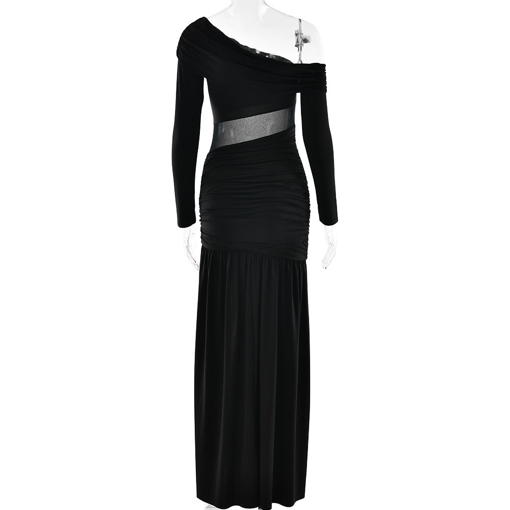 One Shoulder Asymmetric Ruching Mesh Midriff High Slit Maxi Gown