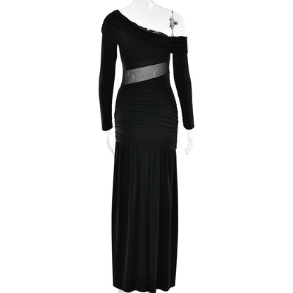 One Shoulder Asymmetric Ruching Mesh Midriff High Slit Maxi Gown