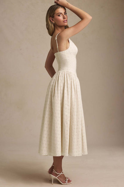 Eyelet Lace Deep V Bow Front Corset Bodice Full Skirt Midi Dress