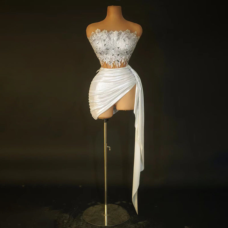 Strapless Fringe Corset Top Draped High Slit Sequin Mini Skirt Set