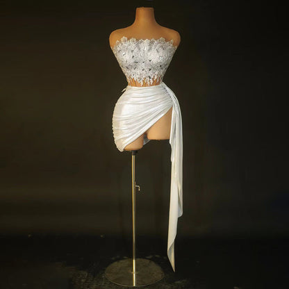 Strapless Fringe Corset Top Draped High Slit Sequin Mini Skirt Set