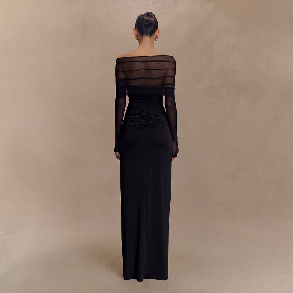 Off Shoulder Mesh Sleeve Diamond Cutout Ruched Column Maxi Gown