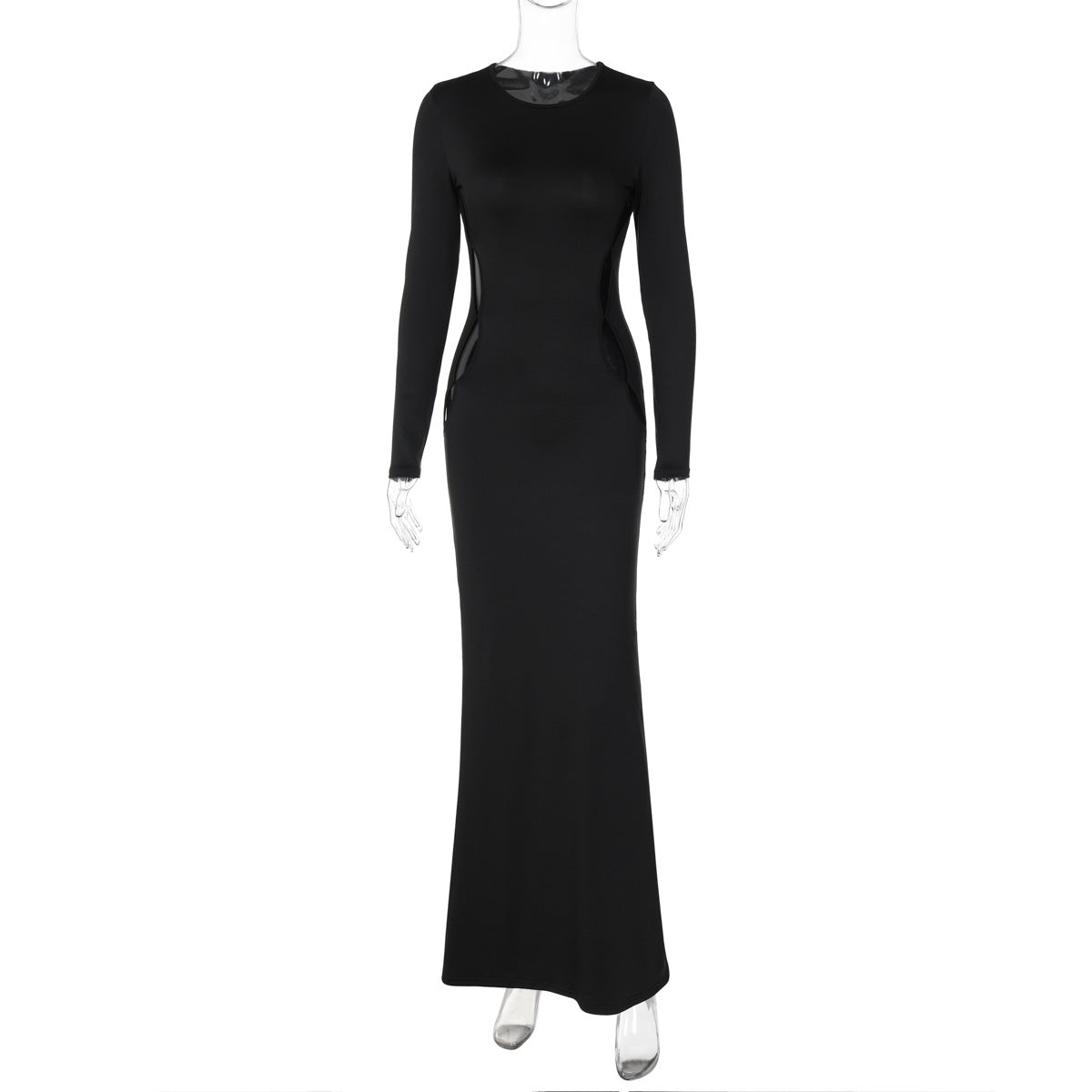Crew Neck Long Sleeve Waist Cutout Bodycon Maxi Dress