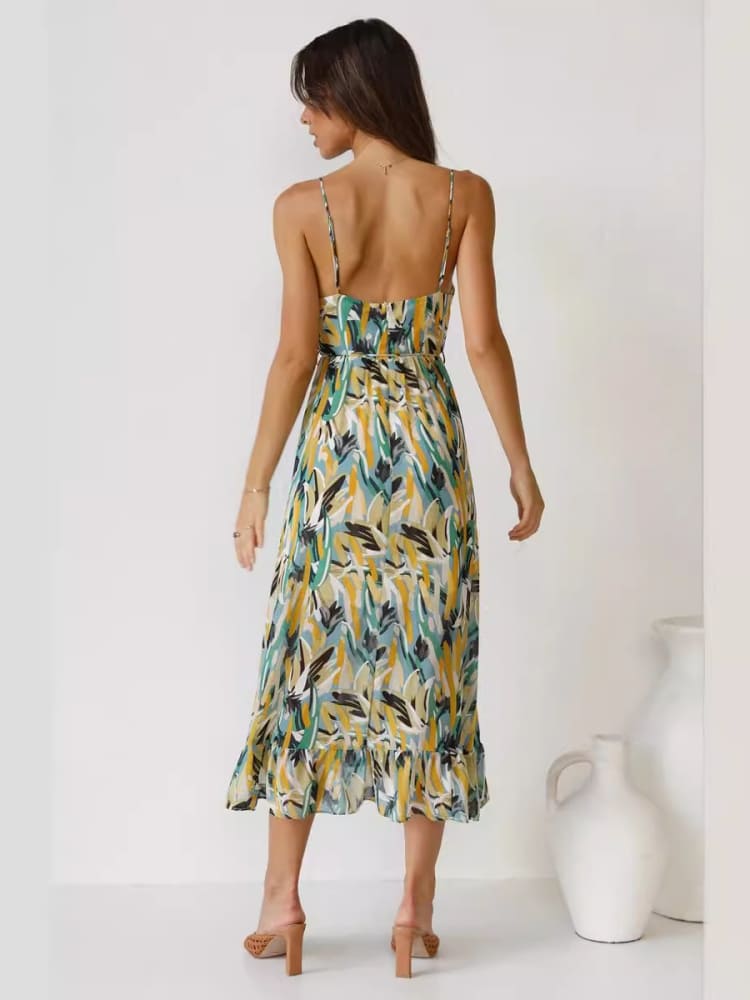 Spaghetti Strap Bustier Waist Tie Brushstroke Print Ruffle Hem Midi Dress
