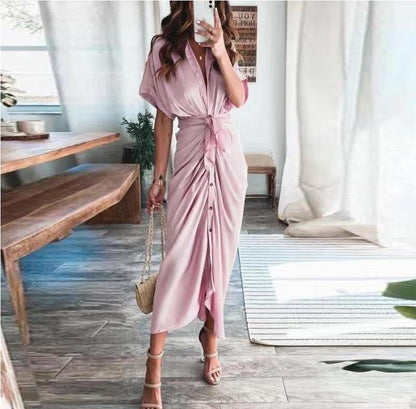 Collared V-Neck Tie Front Button Front Draped Satin Midi Dress