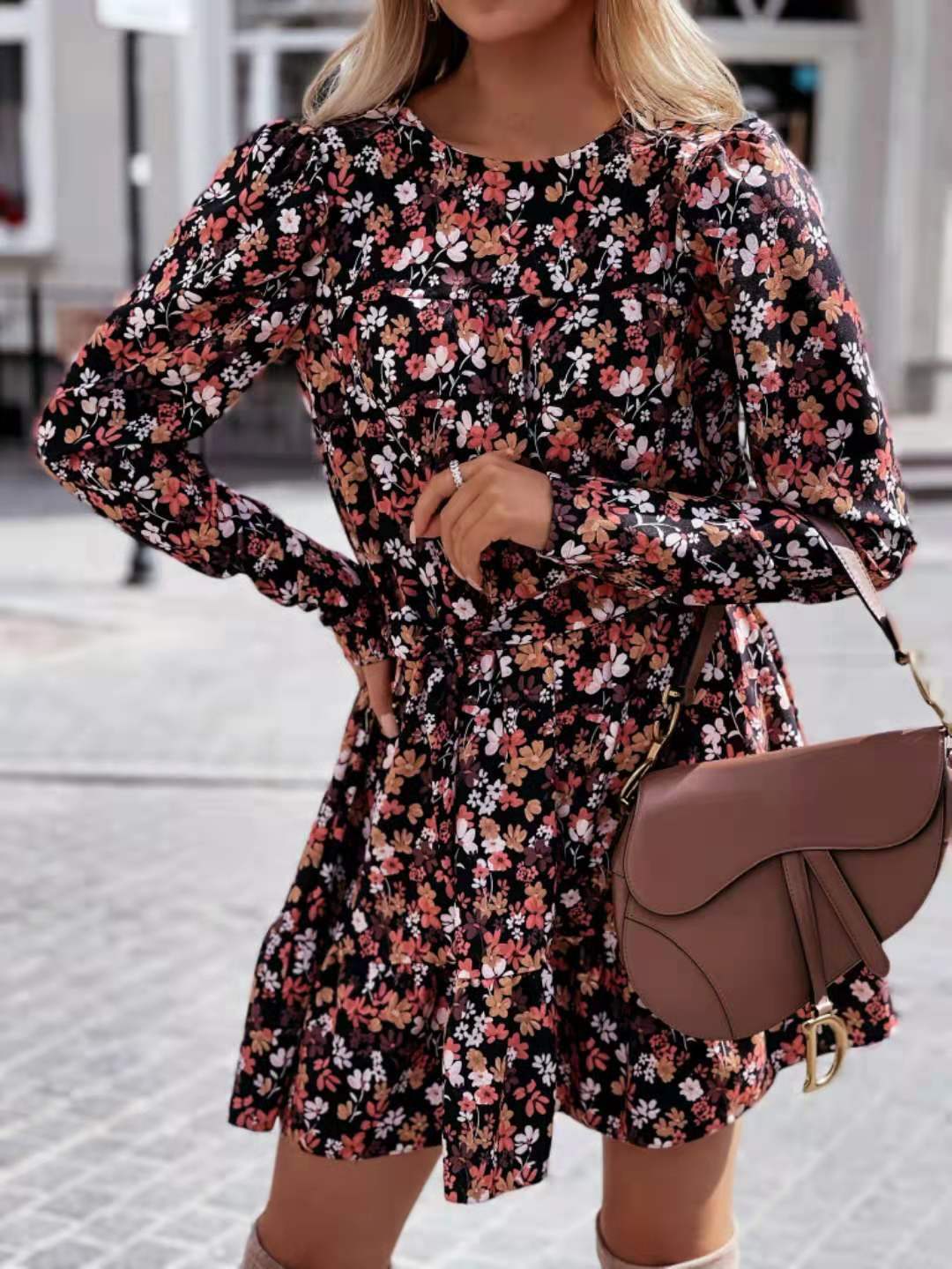 Crew Neck Long Sleeve Self Tie Waist Tiered Ruffle Floral Mini Dress