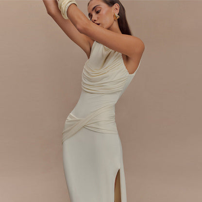 Boat Neck Ruched Bodice Twisted Drape Column Maxi Gown