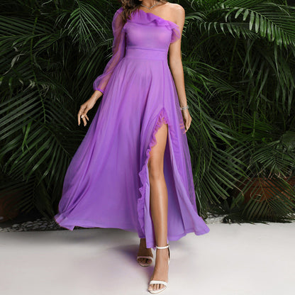 One Shoulder Ruffle Trim High Slit Chiffon Maxi Dress