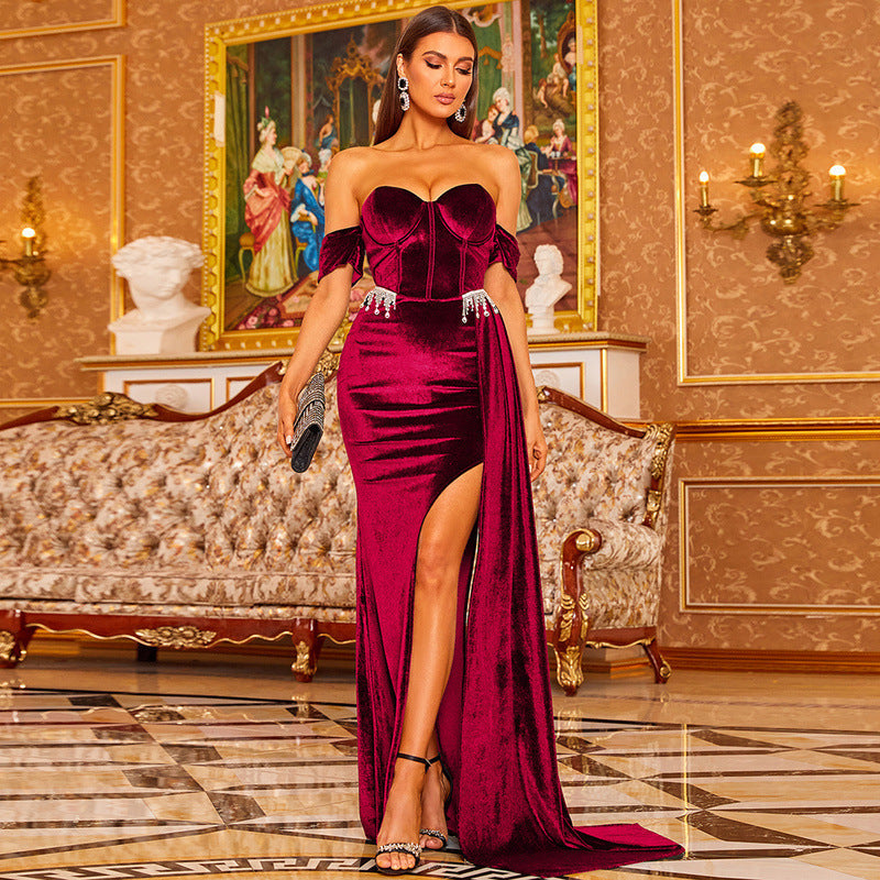 Off Shoulder Velvet Corset Rhinestone Fringe High Slit Maxi Gown