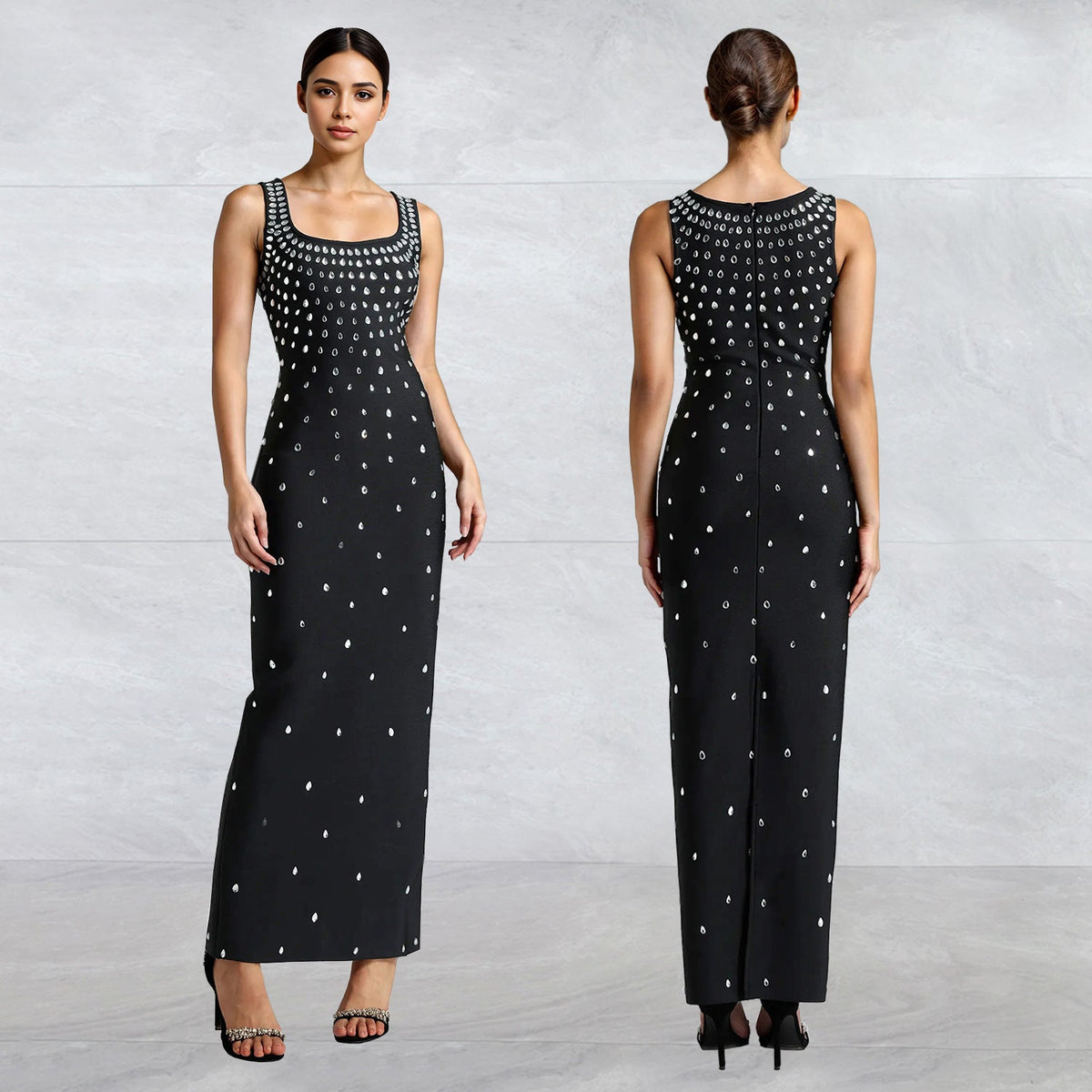 Rhinestone U-Neck Sleeveless Hip Dress