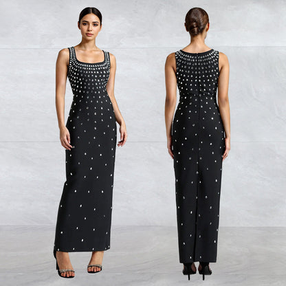 Rhinestone U-Neck Sleeveless Hip Dress