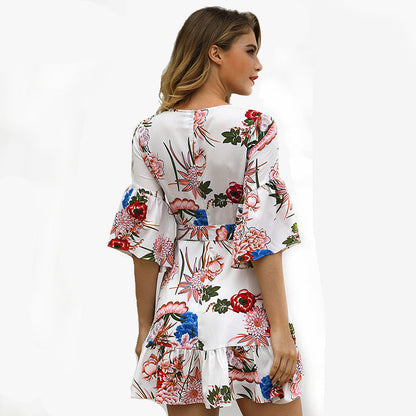 Crew Neck Bell Sleeve Tie Waist Ruffled Asymmetric Hem Mini Dress