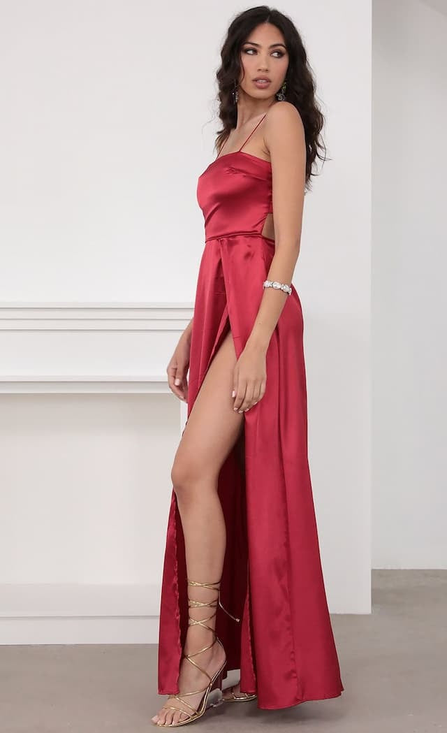 Square Neck Spaghetti Strap Satin Thigh Slit Column Maxi Gown