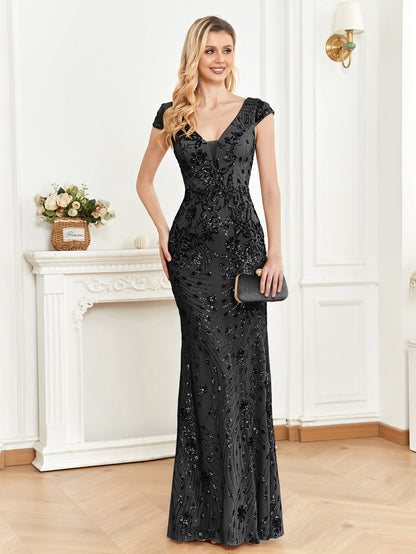 Deep V Neck Cap Sleeve Floral Sequin Embroidered Mermaid Maxi Gown