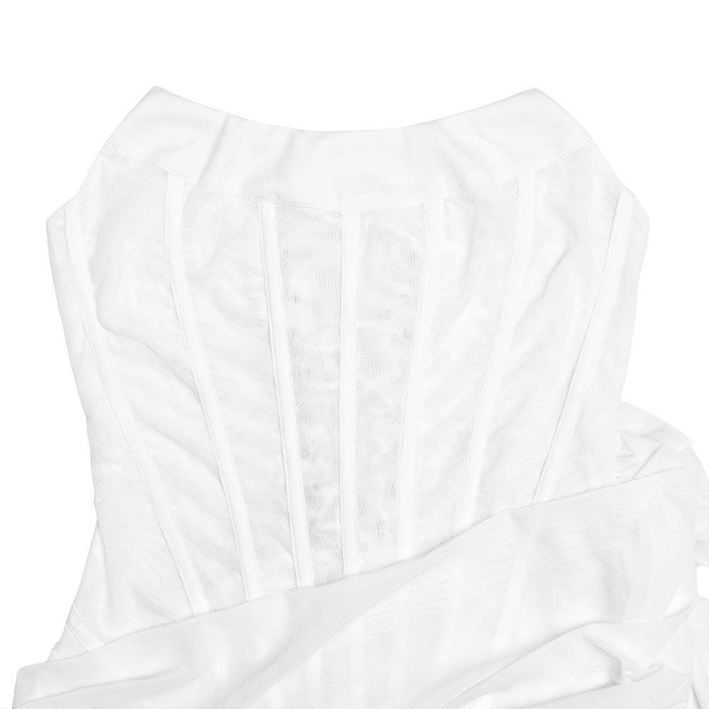 Strapless Corset Boned Draped Rosette Mini Dress