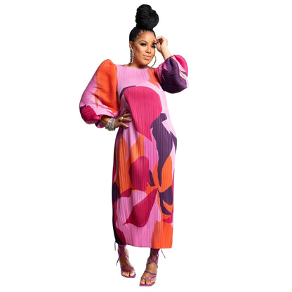 Crew Neck Puff Sleeve Abstract Print Plisse Belted Midi Dress