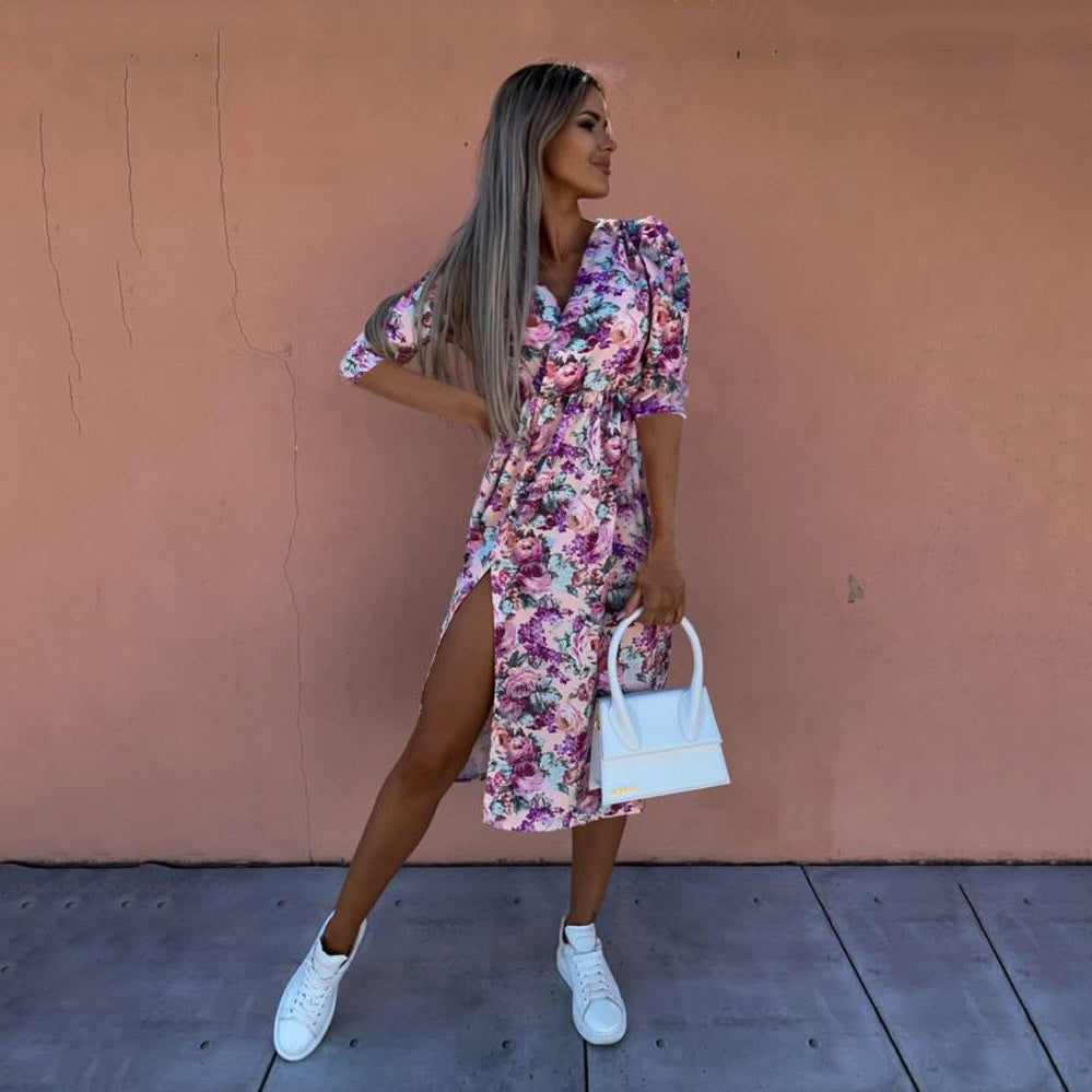 Floral Wrap V-Neck Puff Sleeve Side Slit Midi Dress
