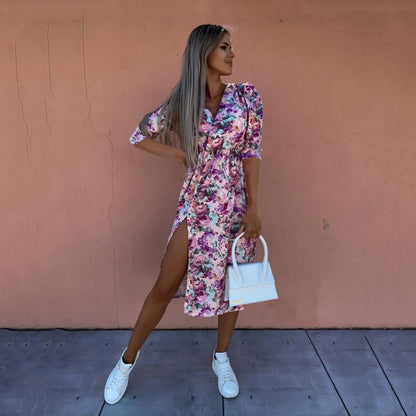 Floral Wrap V-Neck Puff Sleeve Side Slit Midi Dress