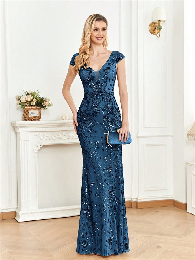 Deep V Neck Cap Sleeve Floral Sequin Embroidered Mermaid Maxi Gown