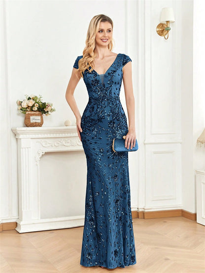 Deep V Neck Cap Sleeve Floral Sequin Embroidered Mermaid Maxi Gown