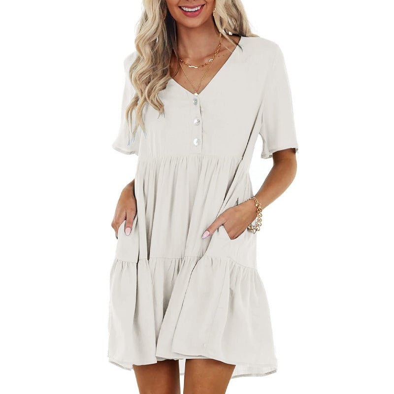 V Neck Button Front Tiered Pocket Babydoll Mini Dress