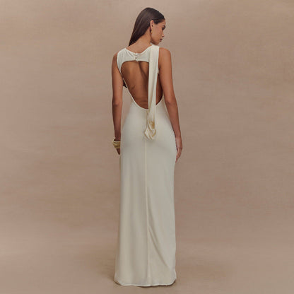 Boat Neck Ruched Bodice Twisted Drape Column Maxi Gown