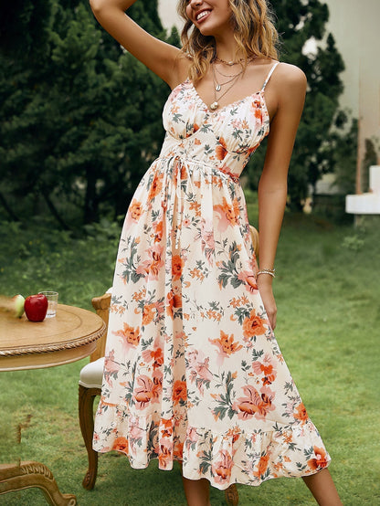 Spaghetti Strap Ruched Bust Drawstring Empire Waist Tiered Ruffle Floral Midi Dress