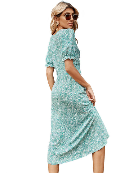 Deep V Puff Sleeve Lettuce Edge Side Button Ditsy Floral Wrap Midi Dress