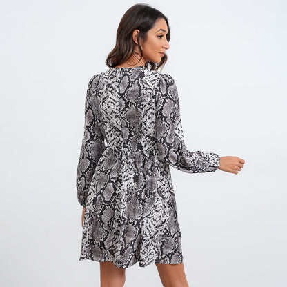 Deep V Neck Python Print Empire Waist Flare Sleeve Mini Dress
