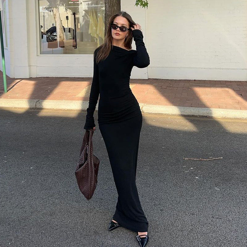 Asymmetric Off Shoulder Ruched Gathered Long Sleeve Bodycon Maxi Dress