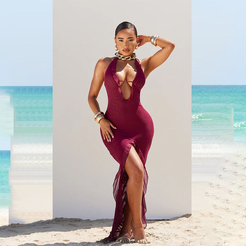 Sheer Mesh Deep V-Neck Ruffle Trim Halter High Slit Maxi Gown