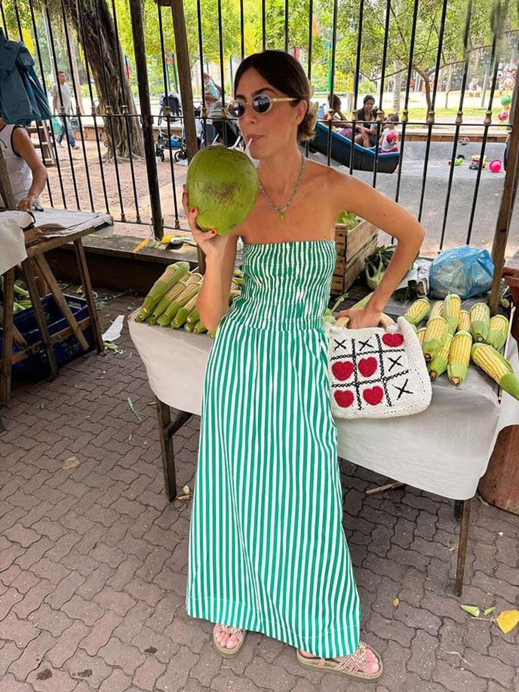 Strapless Shirred Striped Flowy Maxi Dress