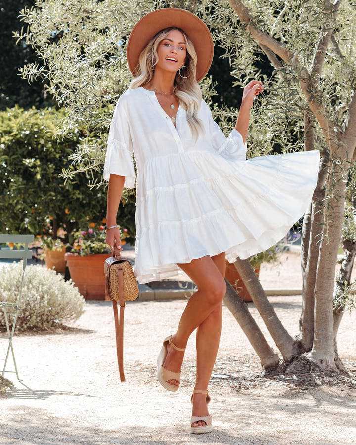 Cotton Embroidered Button Placket Bell Sleeve Tiered Babydoll Mini Dress