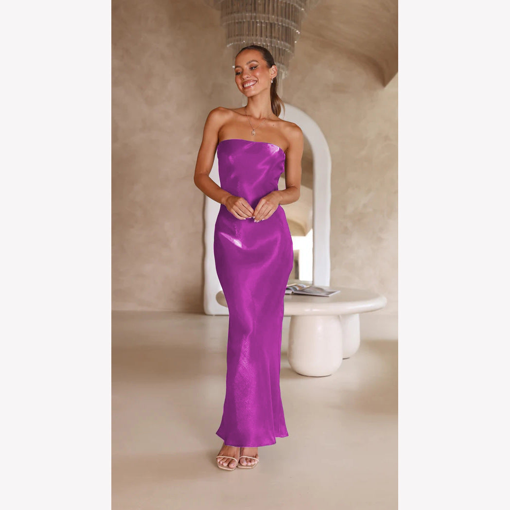 Strapless Bandeau Satin Column Slip Maxi Dress