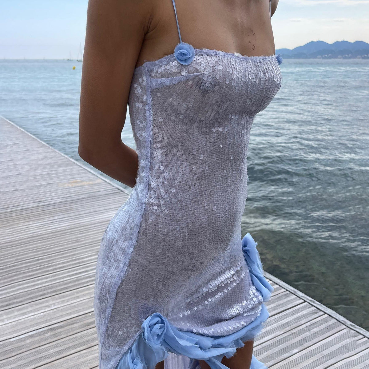 Spaghetti Strap Sequin Side Ruffle Tier Maxi Gown