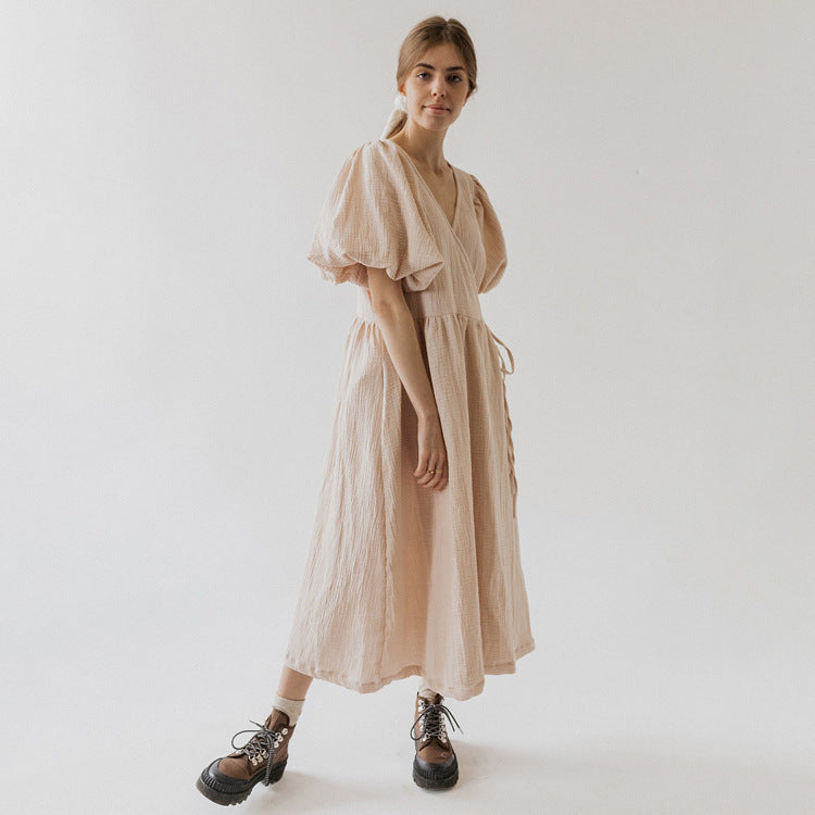 Wrap V Neck Puff Sleeve Gauze Tie Waist A-Line Midi Dress