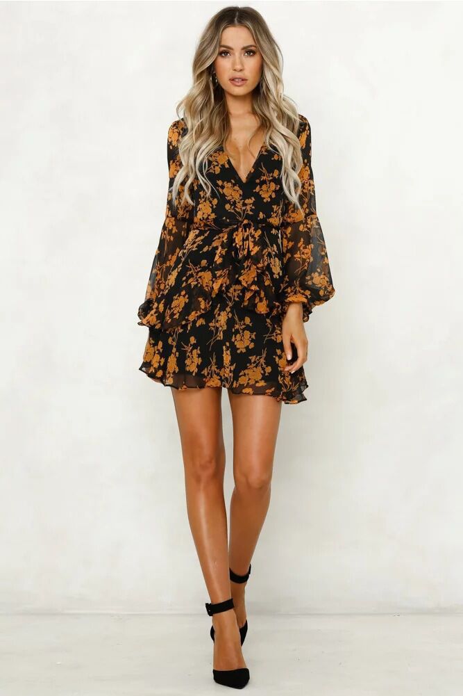 Deep V-Neck Flutter Sleeve Belted Ruffle Layer Floral Print Mini Dress