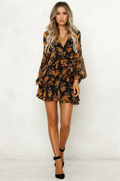 Deep V-Neck Flutter Sleeve Belted Ruffle Layer Floral Print Mini Dress