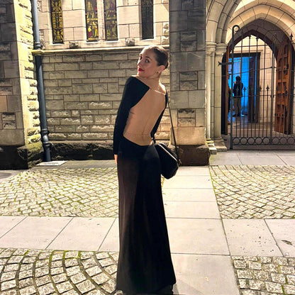 Long Sleeve Scoop Neck Pearl Chain Backless Maxi Dress