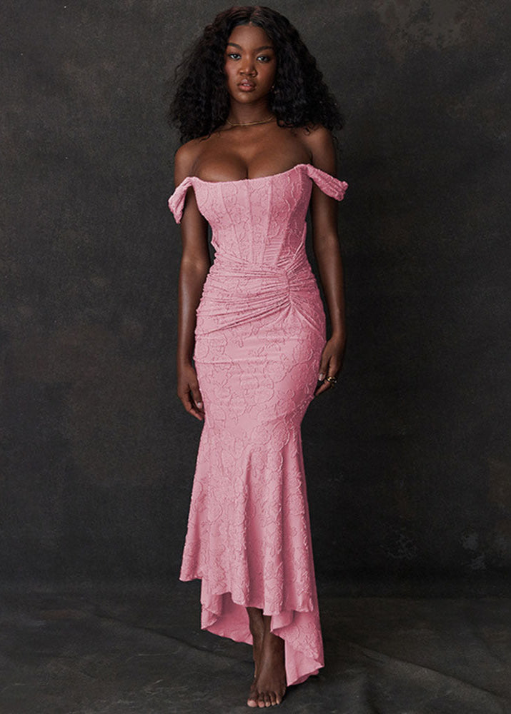 Off Shoulder Corset Bustier Floral Jacquard Ruched Mermaid Maxi Gown