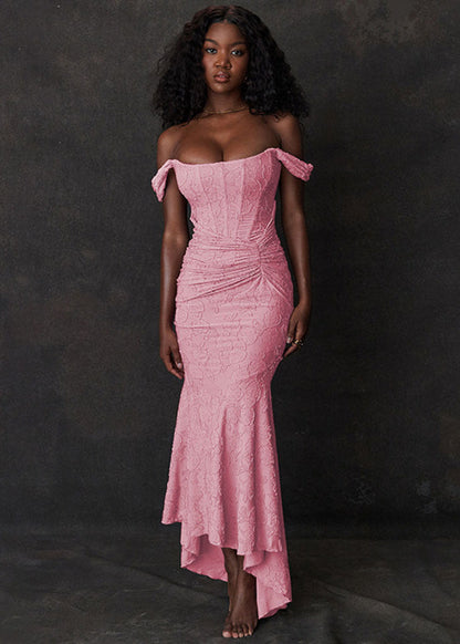 Off Shoulder Corset Bustier Floral Jacquard Ruched Mermaid Maxi Gown