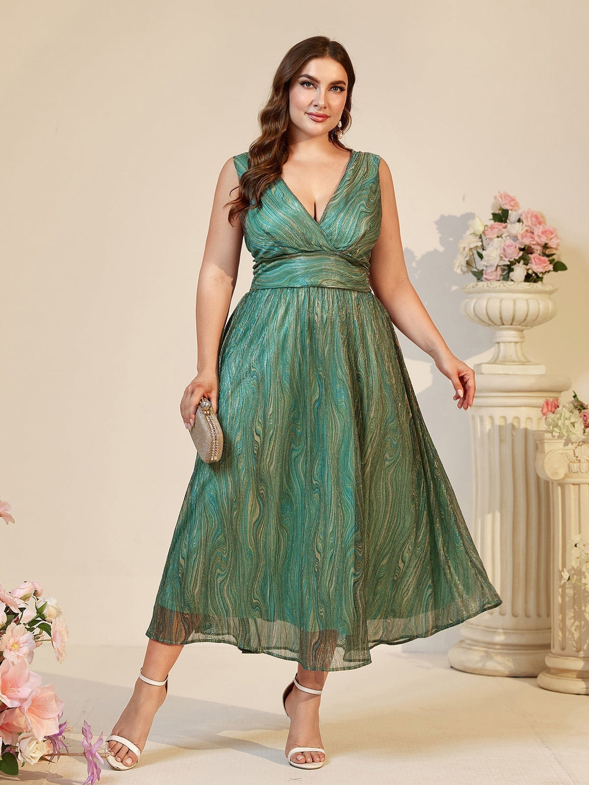 Deep V Neck Wrap Bodice Gathered Waist Shimmer Pleated Midi Dress