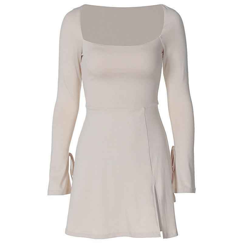 Square Neck Long Sleeve Tie Cuff Slit Knit Mini Dress
