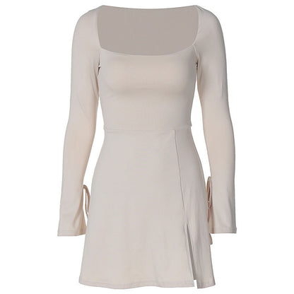 Square Neck Long Sleeve Tie Cuff Slit Knit Mini Dress