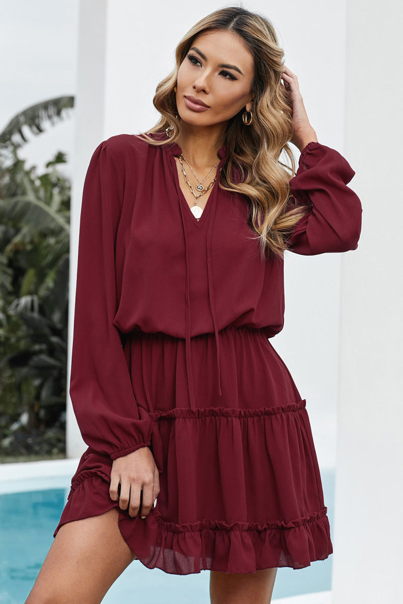 Mock Neck Ruffle Trim Shift Midi Dress