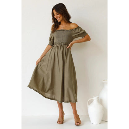 Off Shoulder Smocked Puff Sleeve Ruffle Trim Midi Dress